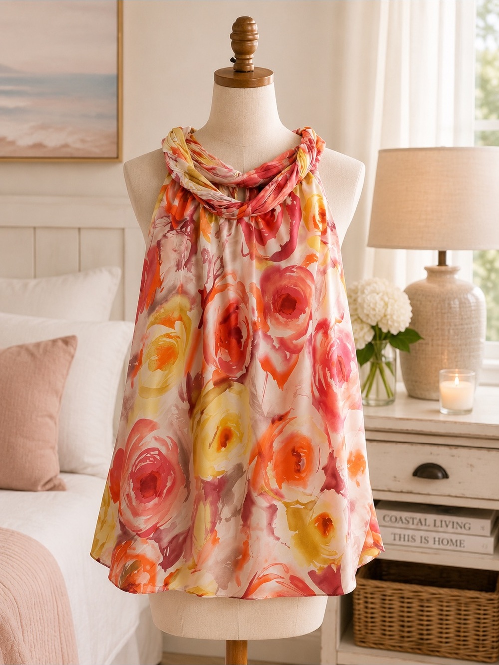 New Directions Floral Sleeveless Blouse Size L Watercolor EUC Career Top